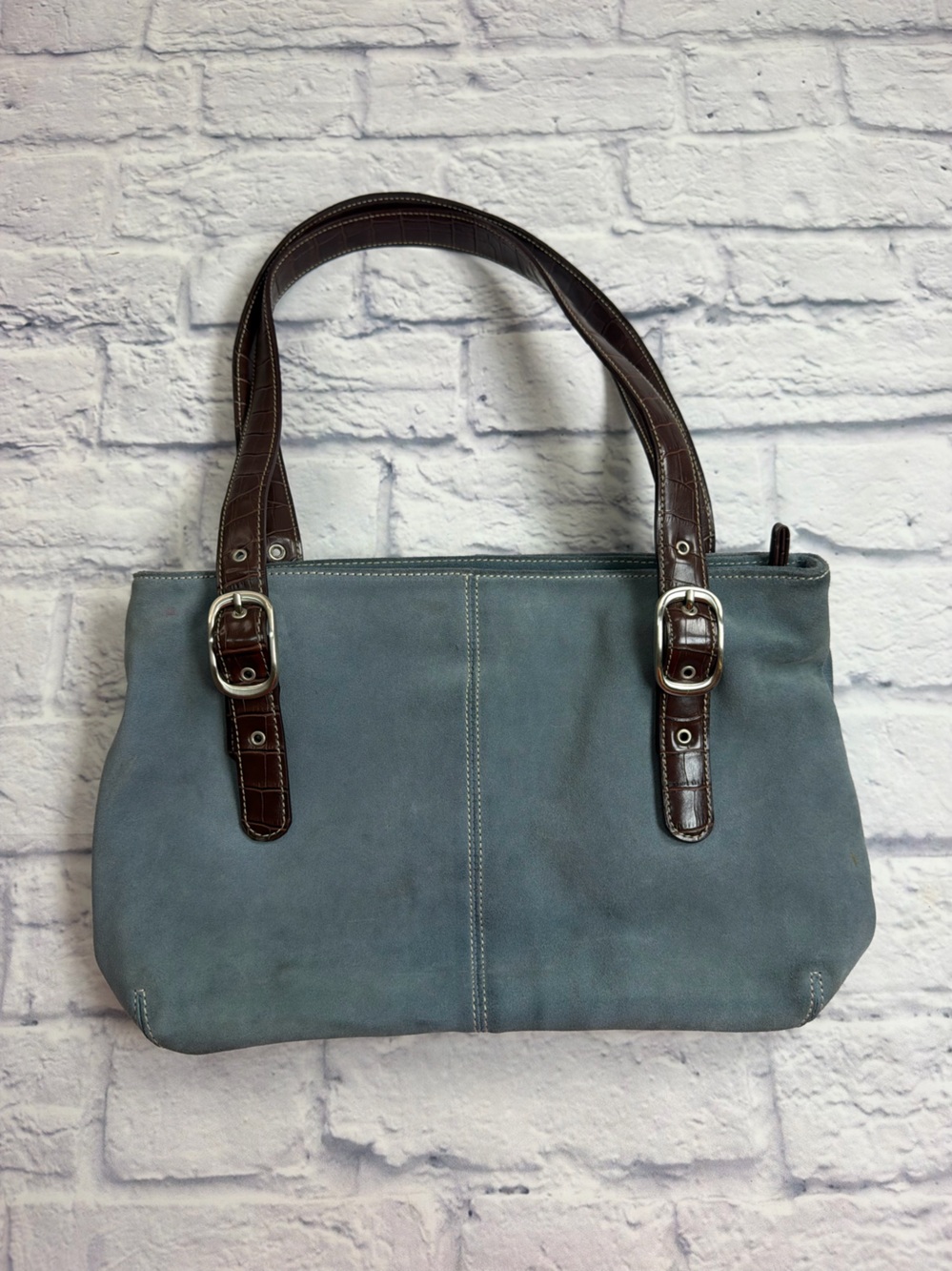 Fig & Co Soft Blue Suede Bag with Dark Brown Strap Accents. Genuine Leather.